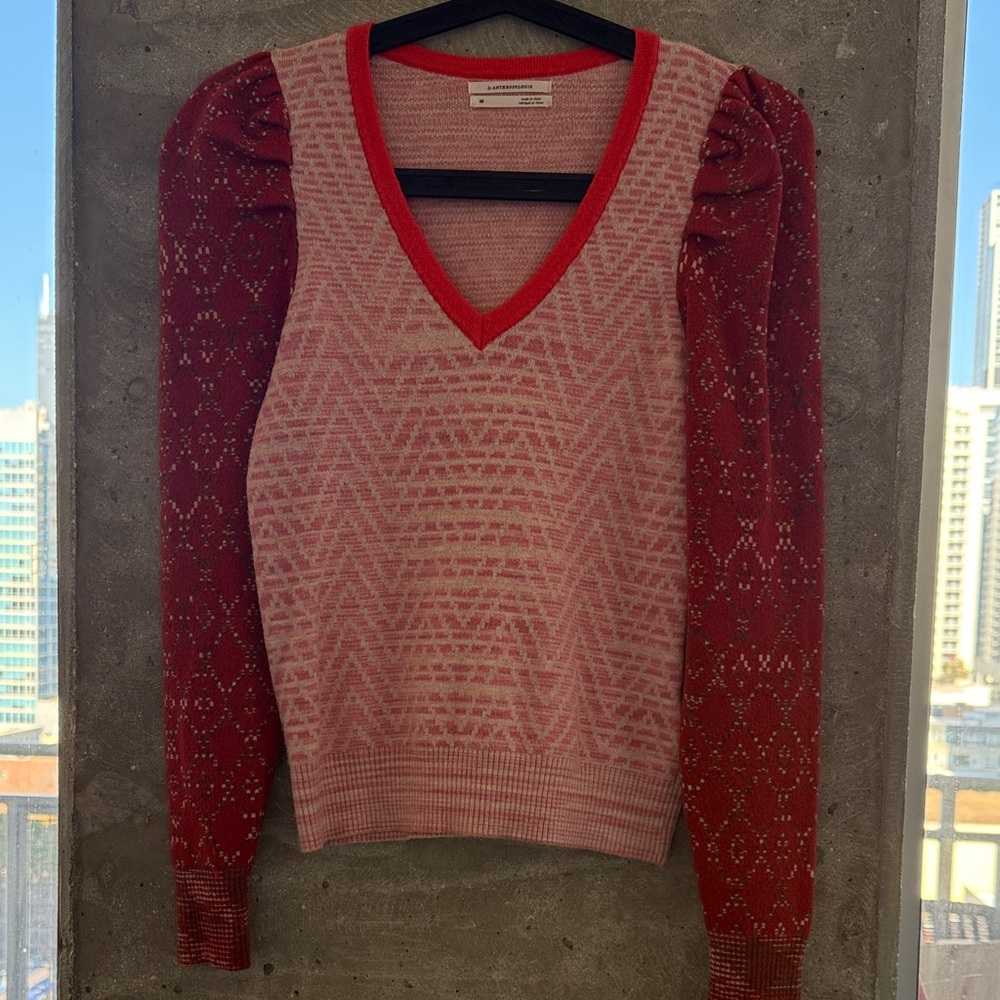 Anthropologie V-Neck Sweater in Red and Pink